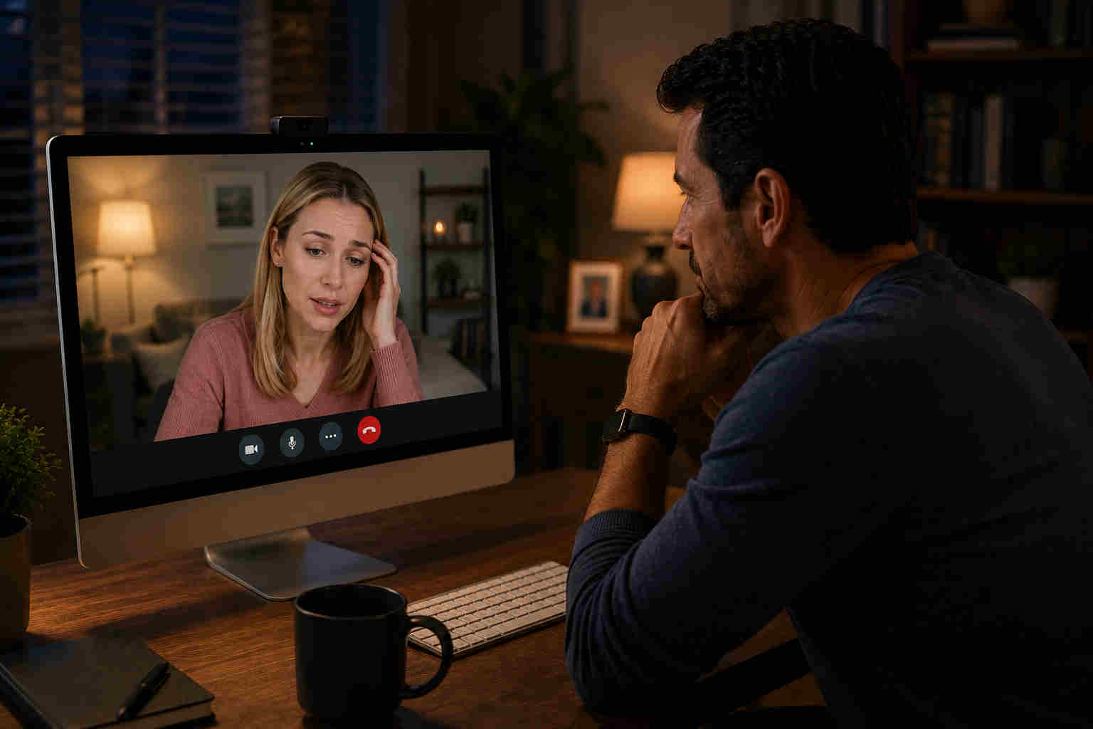 Woman on a video call looking embarrassed while man listens sympathetically