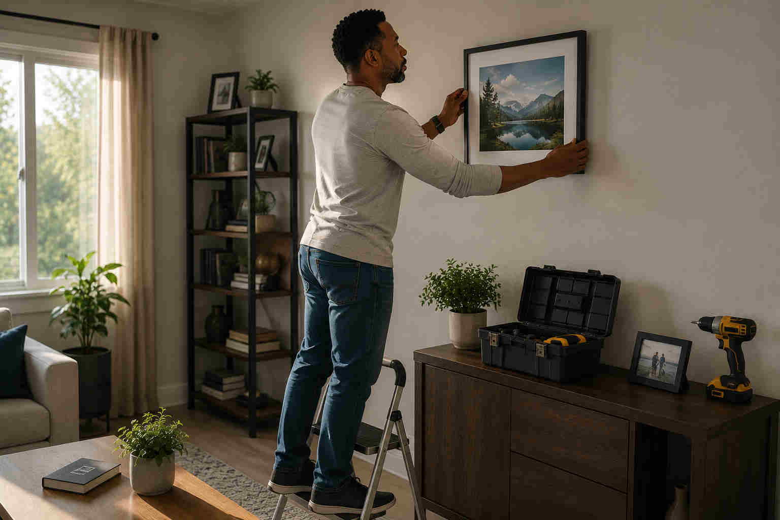 A man hanging a framed landscape photograph in a neatly organized living room