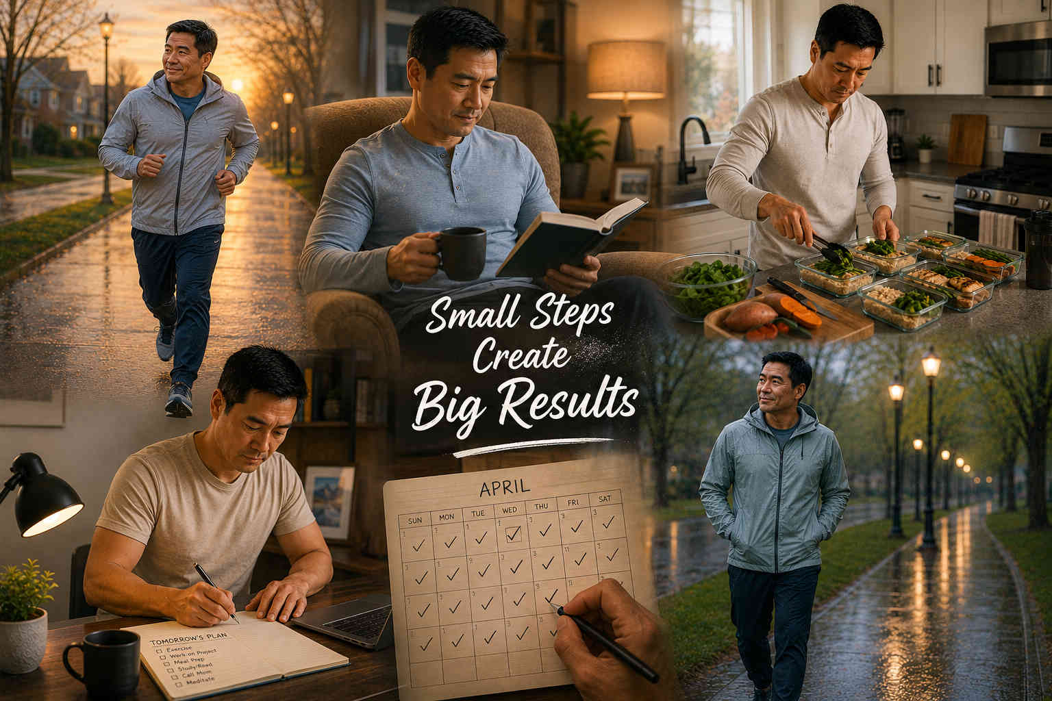 Natural blended scenes showing the same man exercising, reading, meal prepping, planning, and tracking habits