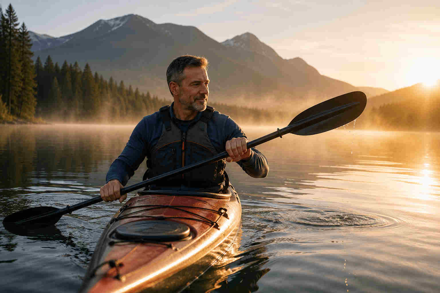 Man kayaking alone on a calm mountain lake and learning to enjoy his own company after divorce