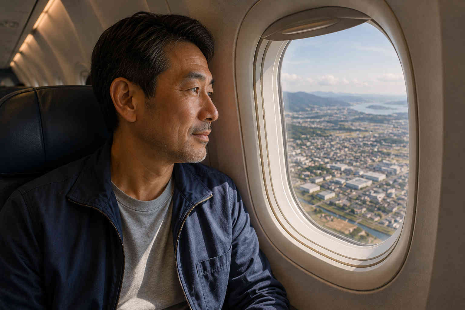 A Japanese man in his fifties calmly looks through an airplane window at the land below as the flight approaches its destination