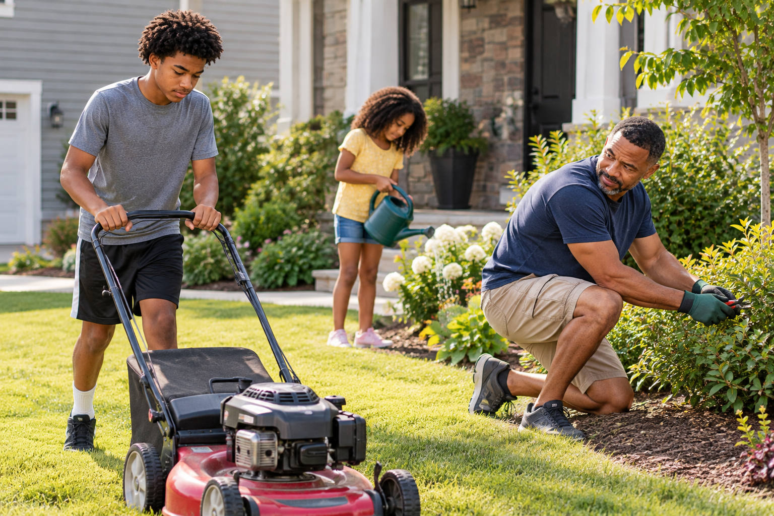 African American teenage son mowing the lawn while his father works nearby and his sister waters plants