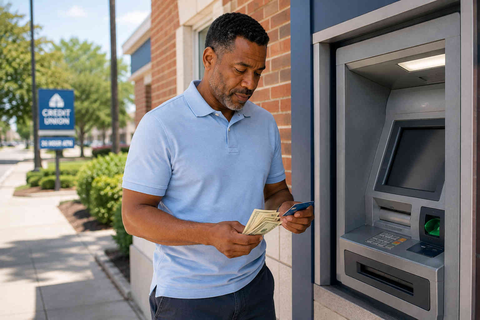 Man checking cash and a bank card beside an ATM while thinking about the money actually available to spend