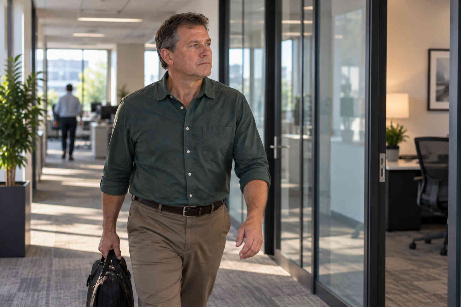 Man walking through a modern office while stabilizing his career after divorce