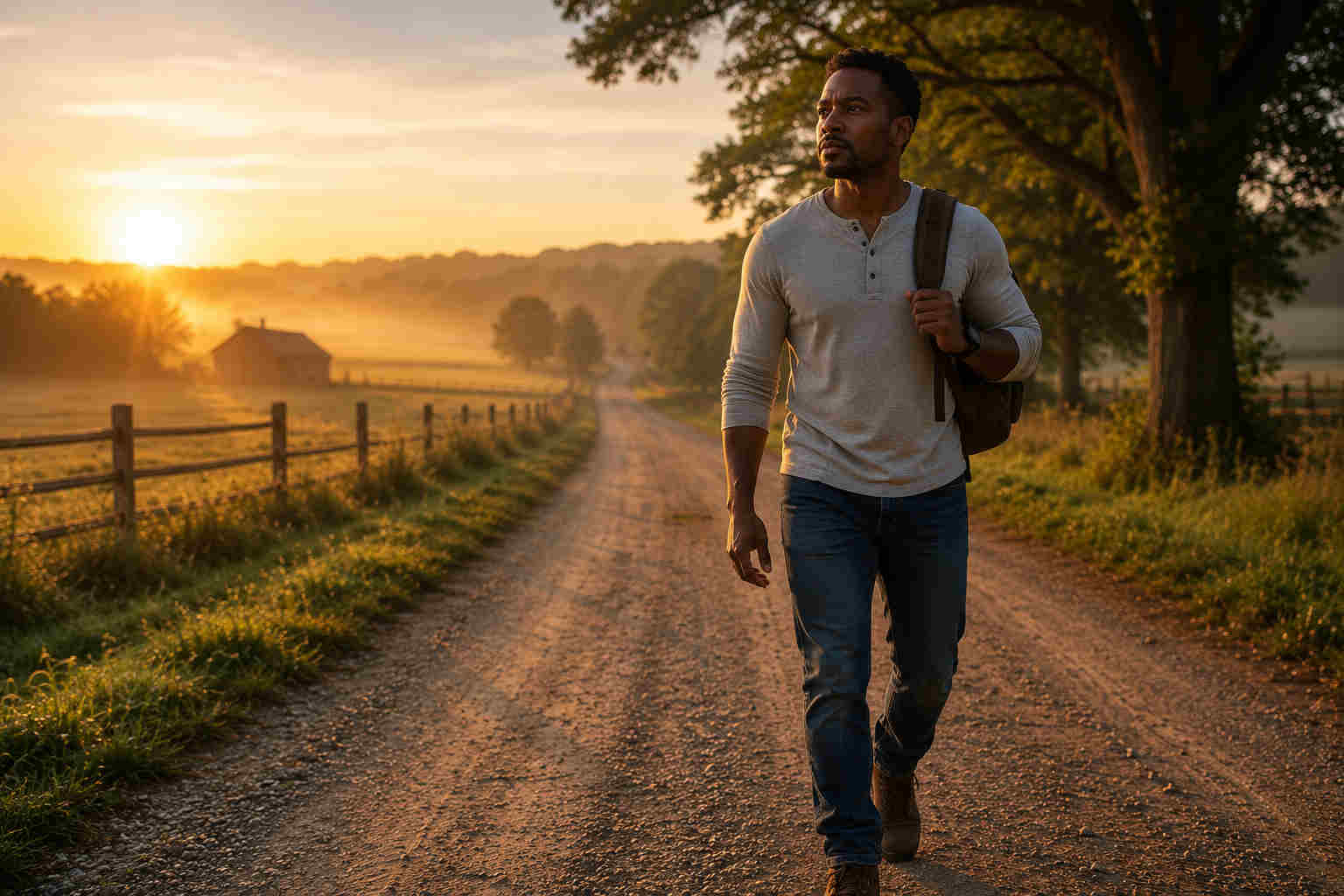 African American man walking confidently along a country road at sunrise after divorce