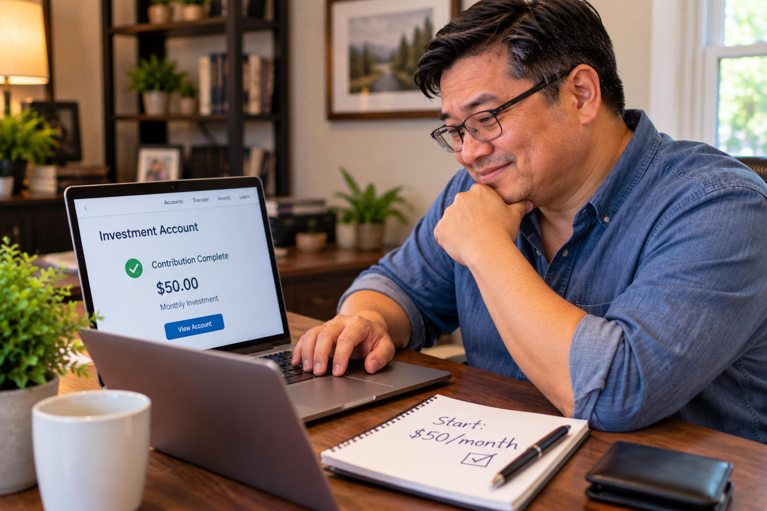 Man completing a small monthly investment contribution on his laptop