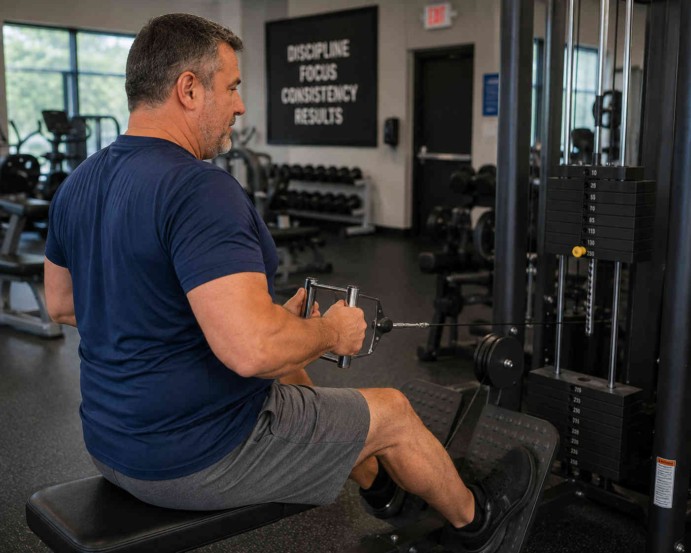 Man performing a controlled seated cable row during an early strength-training workout