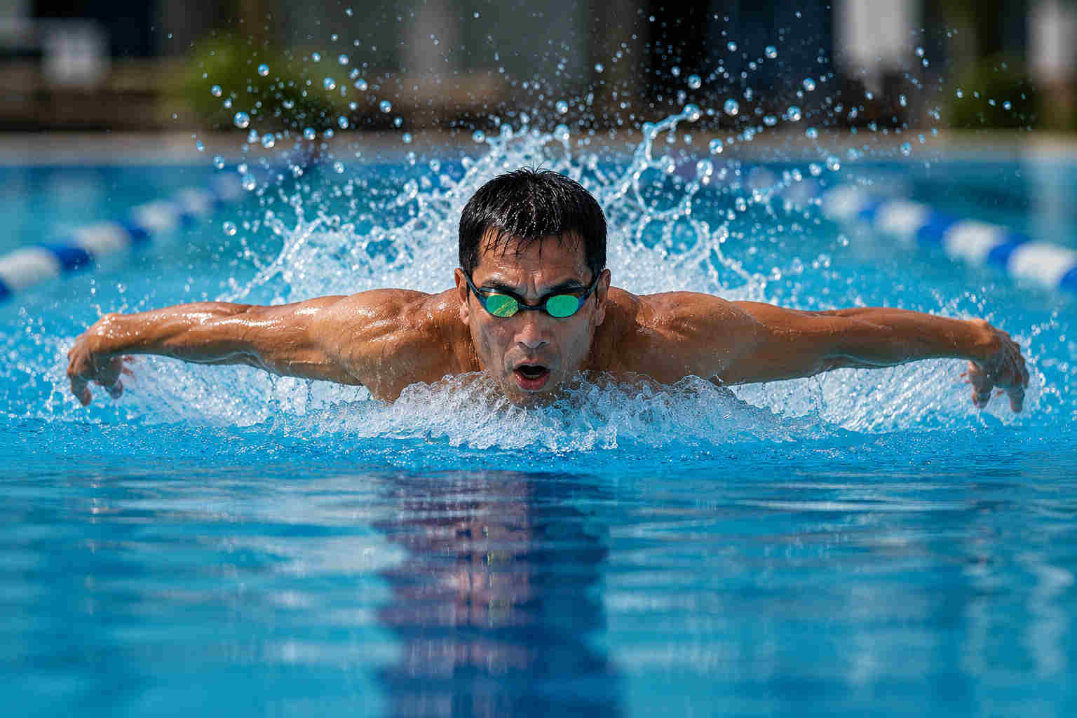 Asian man wearing green goggles performing a butterfly stroke in a swimming pool