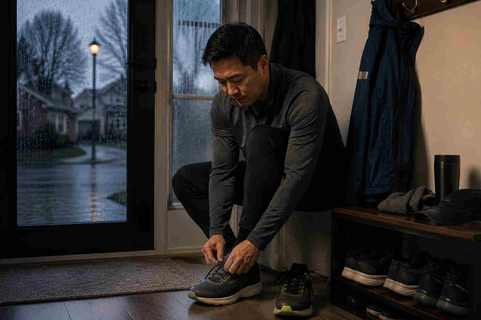 An Asian man ties his running shoes beside the front door on a cold rainy morning, preparing to exercise despite low motivation