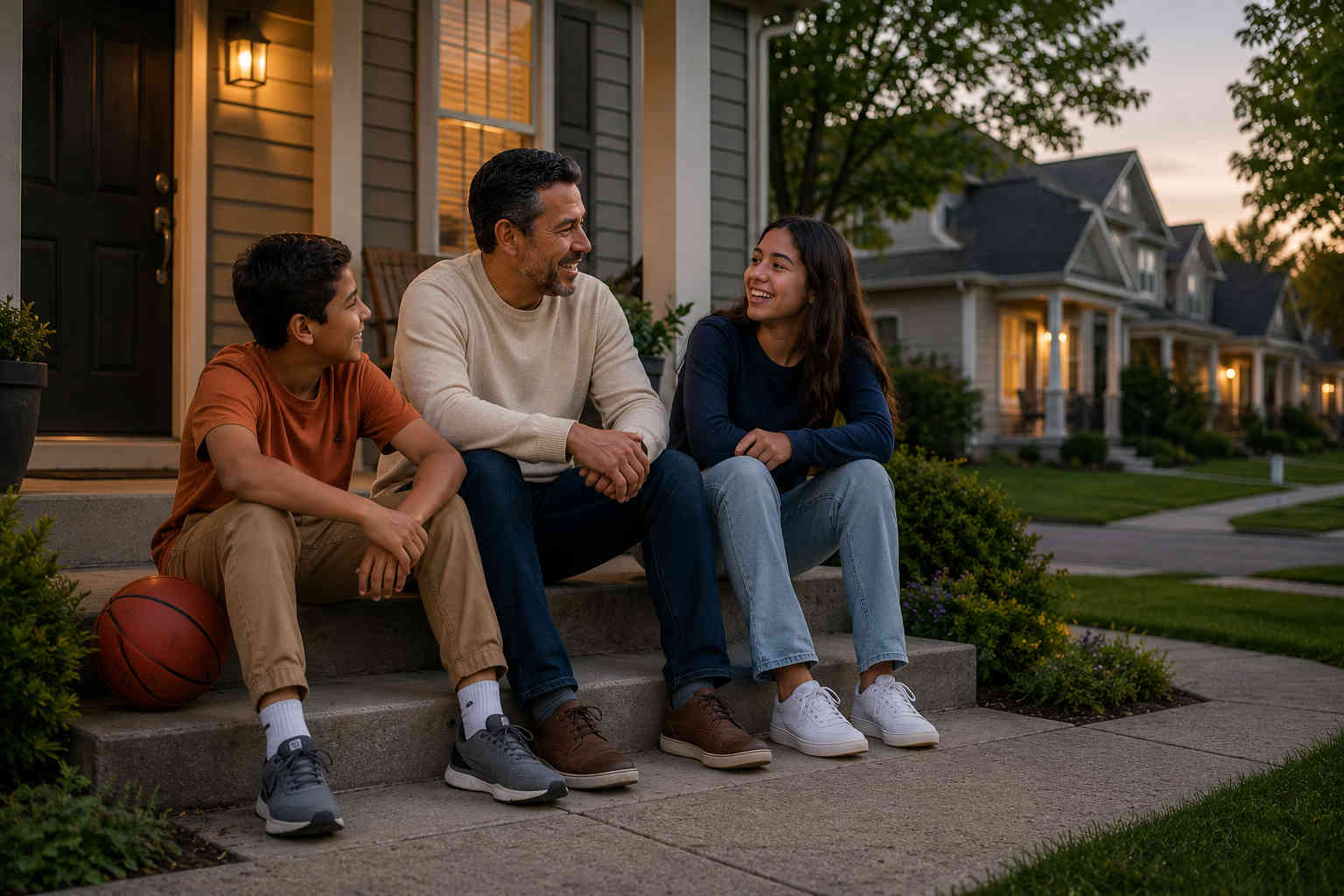 Father sitting on his front steps laughing with his son and teenage daughter at the end of an ordinary day