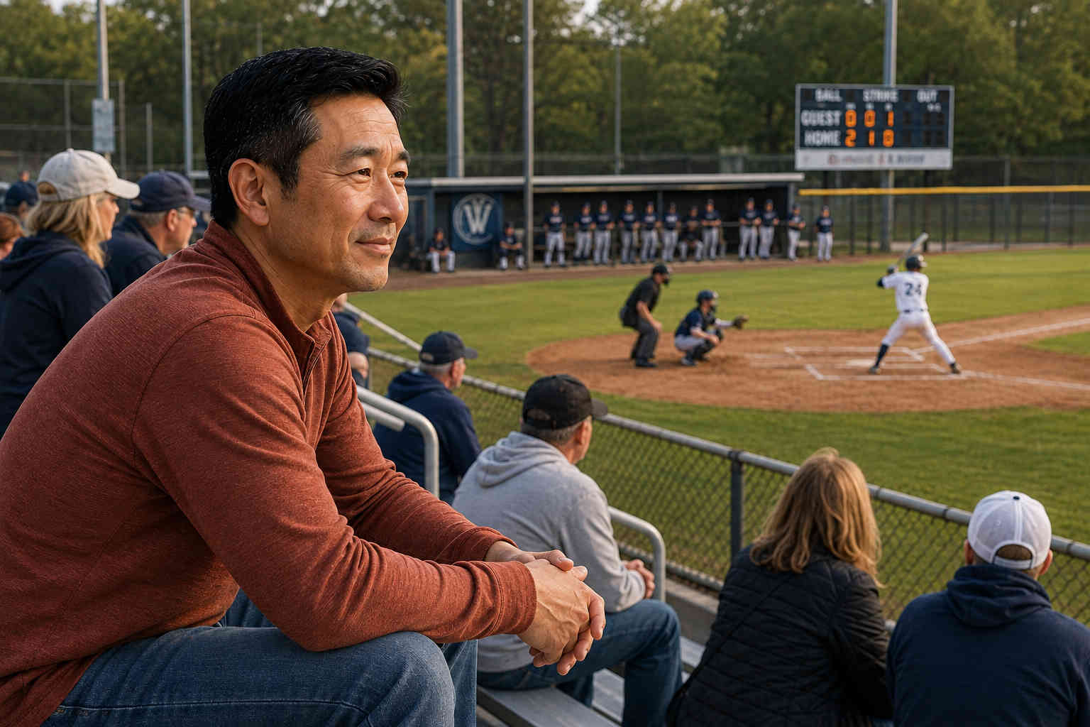 Divorced father watching his teenage son play baseball from the bleachers