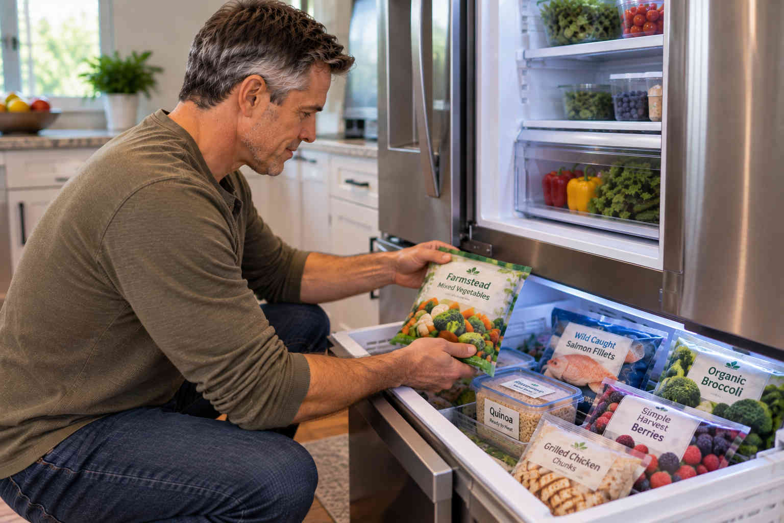 Man stocking his freezer with vegetables berries chicken and grains for healthy meals later in the week