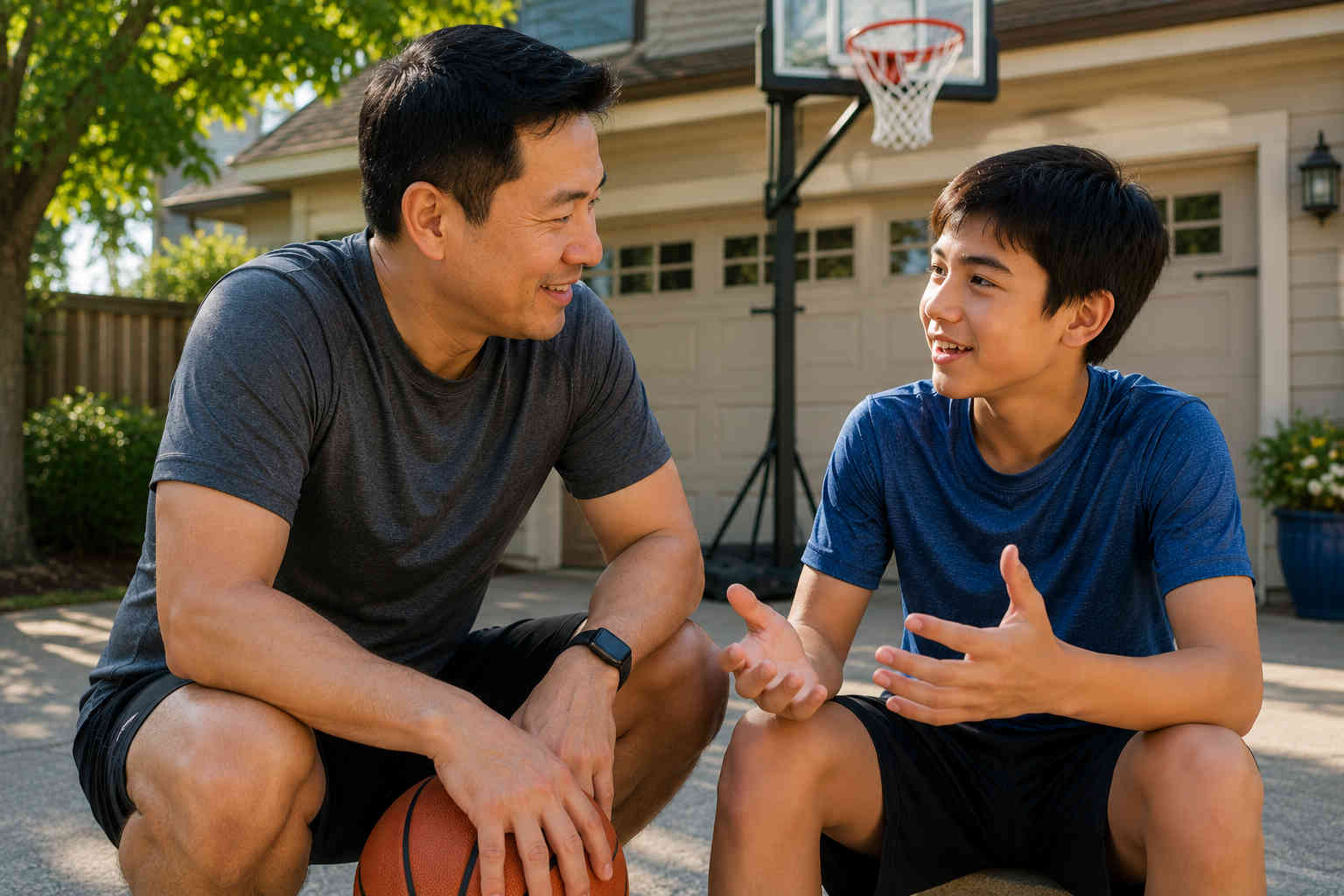 Chinese father and teenage son pausing during driveway basketball to talk about the school week