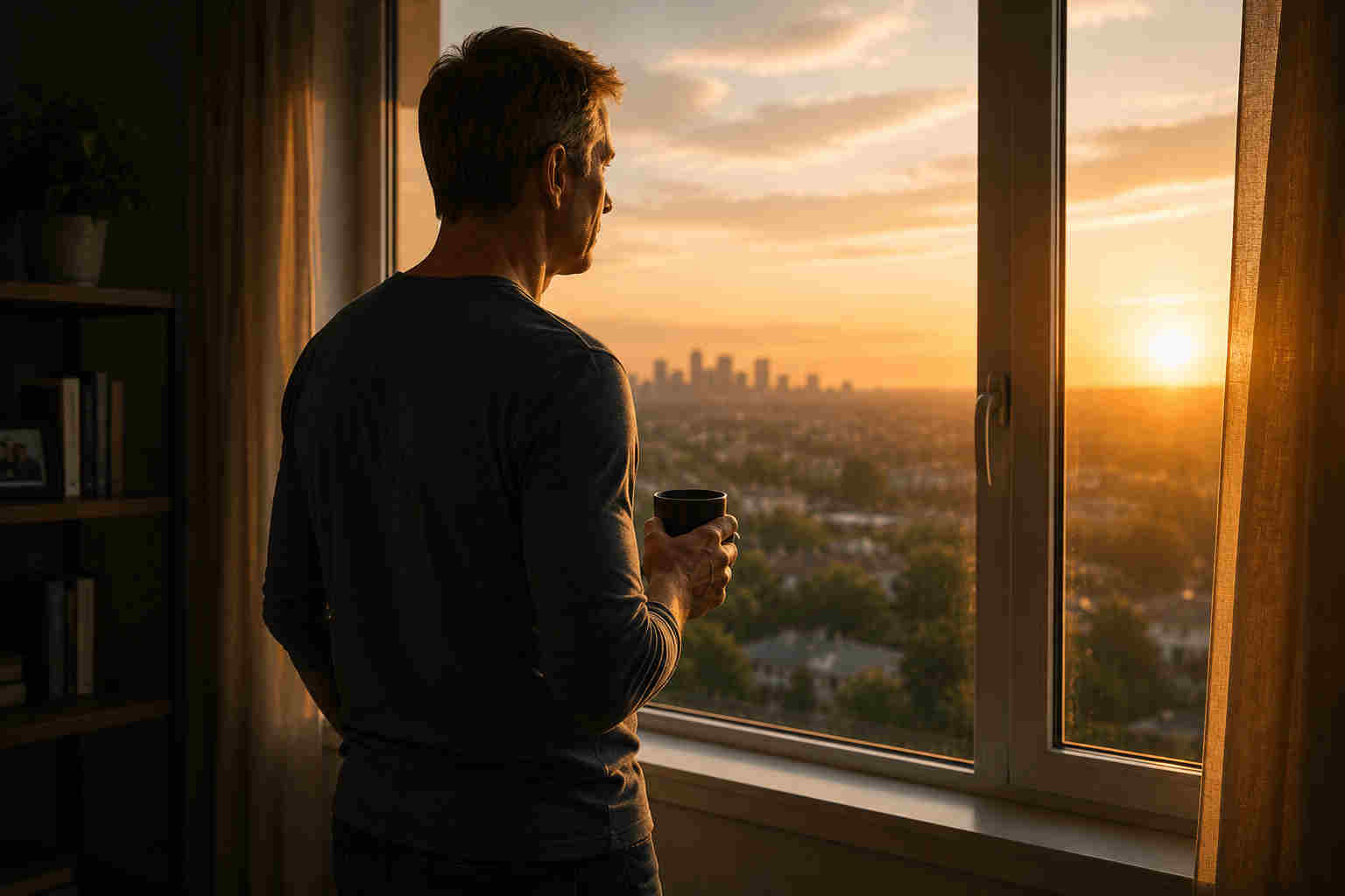 Divorced man looking across a city toward a new day as he stops living in yesterday