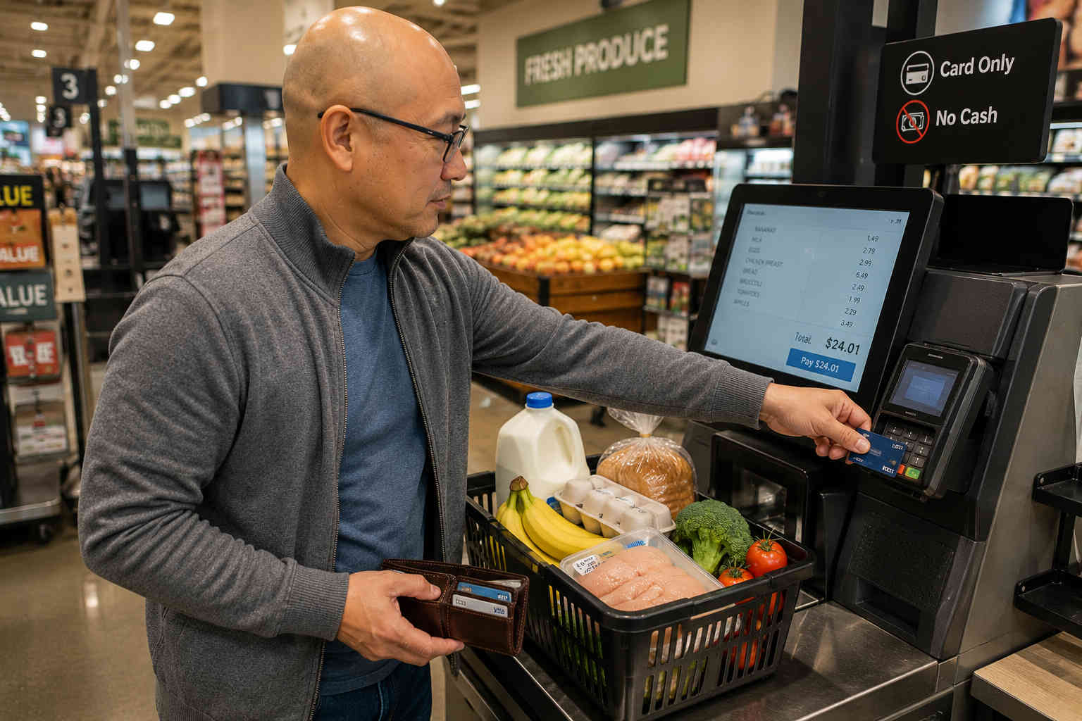 Bald Asian man with glasses using a debit card to pay for groceries at a self-checkout while a credit card remains in his wallet