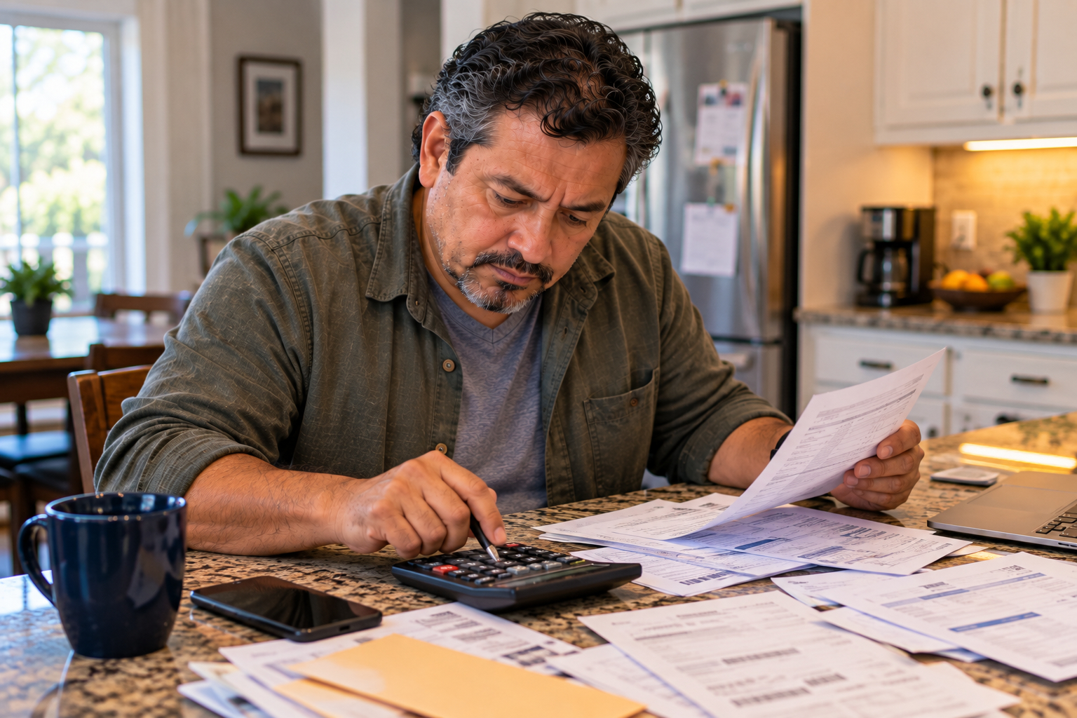 Man using a calculator while reviewing household bills after divorce