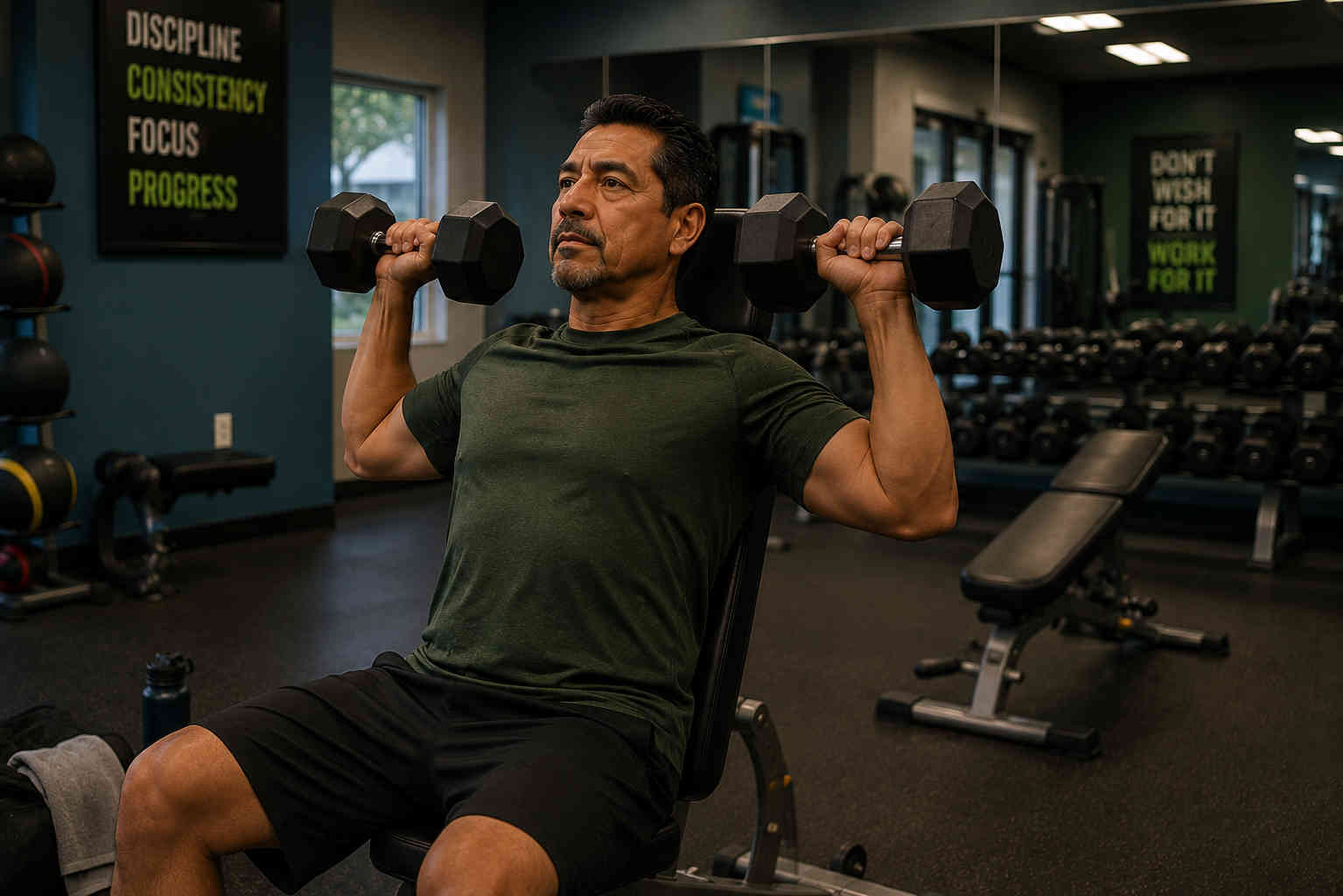 Man performing controlled dumbbell presses with moderate weights in a community gym