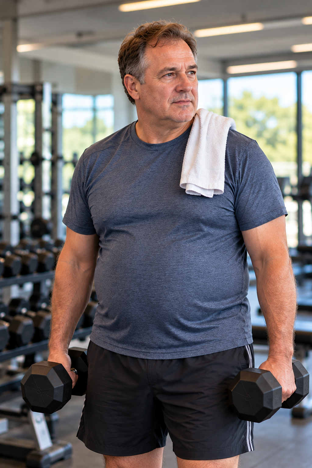 Man over 50 beginning strength training in the gym