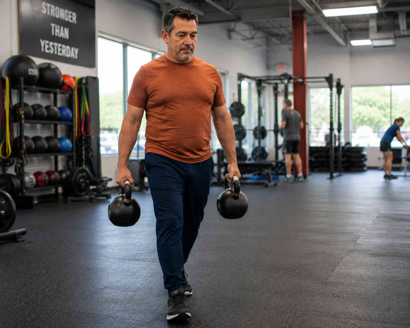 Middle-aged man performing a farmer's carry with two kettlebells in a community gym