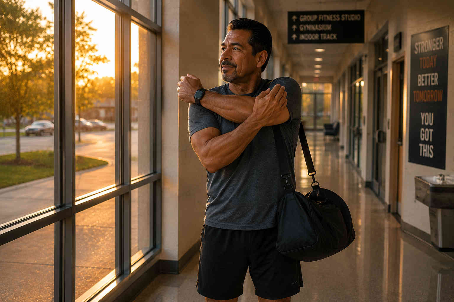 Man stretching his shoulder in the recreation center hallway after completing a workout
