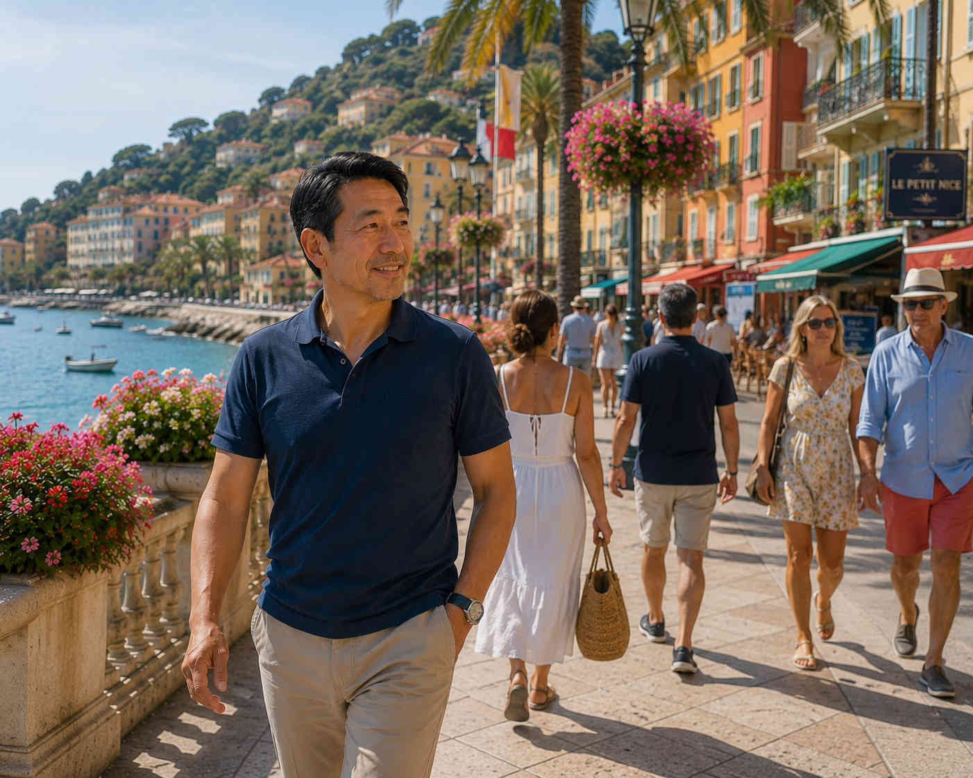 Happy solo traveler walking among pedestrians along a festive French Riviera waterfront promenade