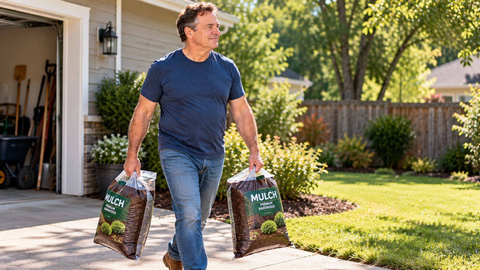 Healthier stronger man carrying bags of landscaping mulch outside his suburban home
