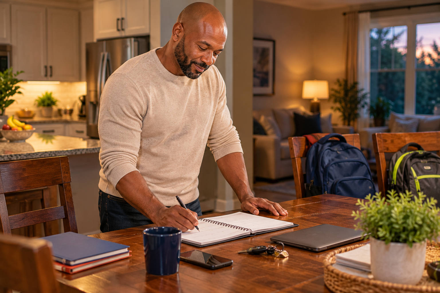 Father writing in a planner at his dining table during a quiet kid-free evening