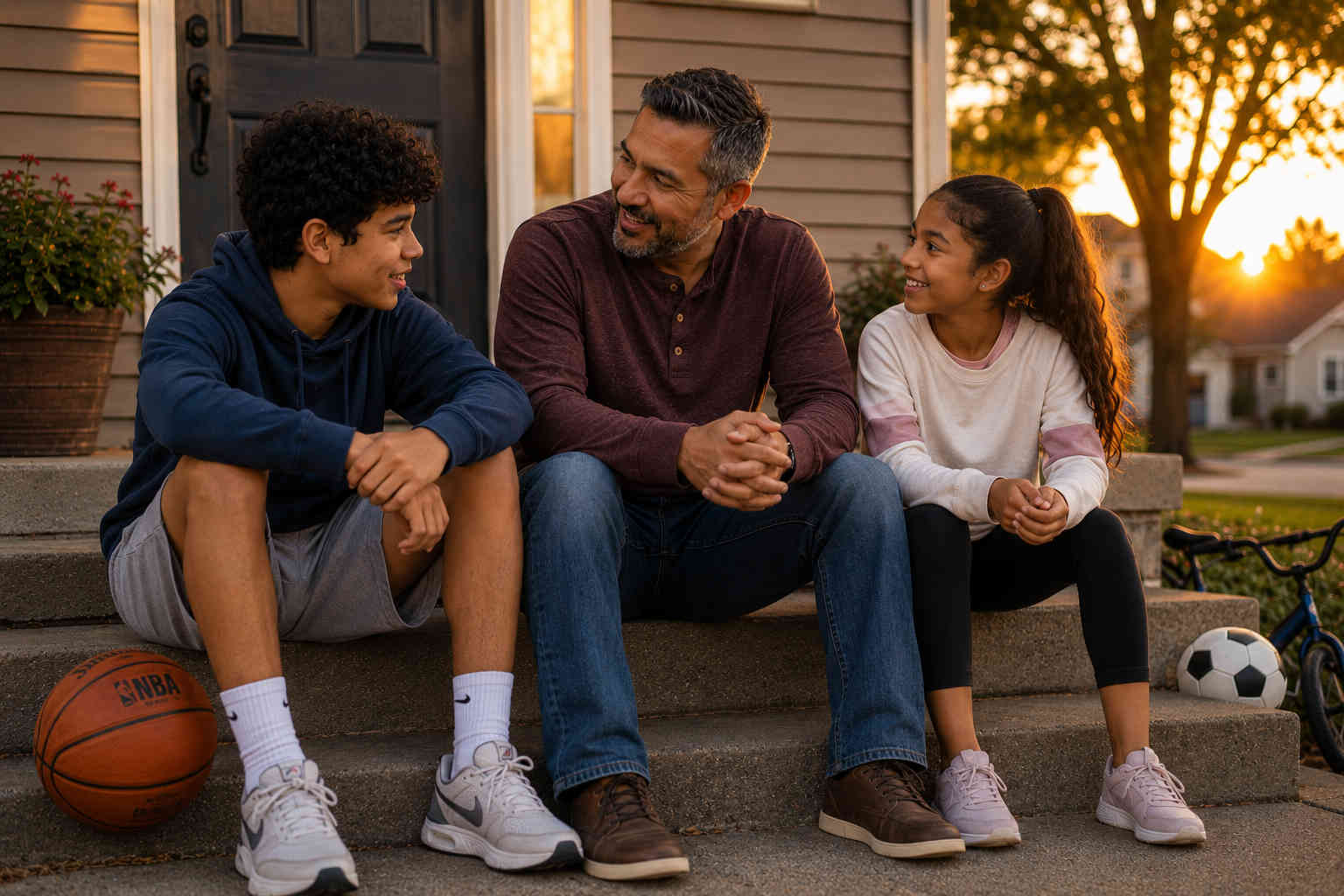 Father sitting with his teenage son and younger daughter on the front steps at sunset after an ordinary weekend together