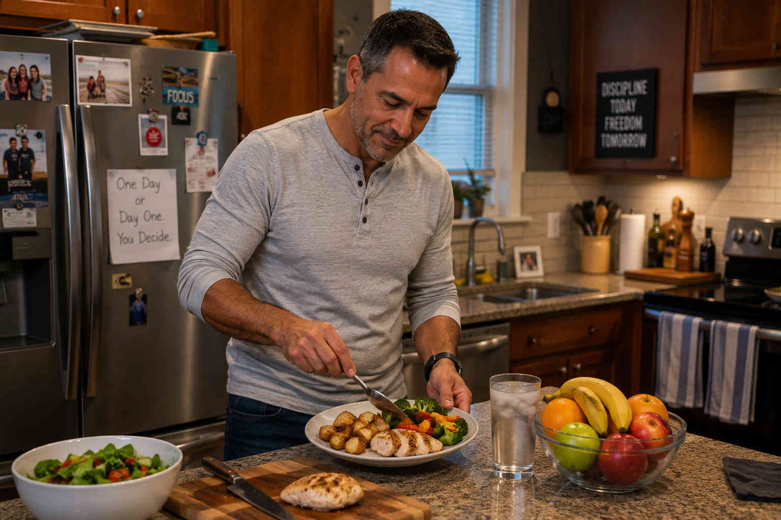 Middle-aged man preparing a balanced dinner with grilled chicken, roasted potatoes, vegetables, salad, fruit, and water