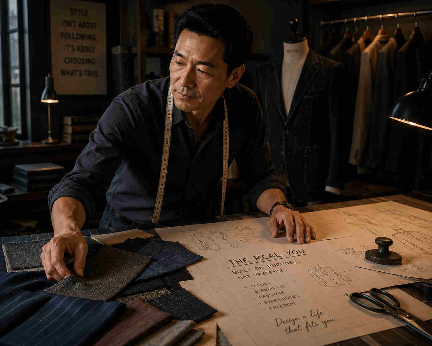 An Asian man thoughtfully selects fabrics in a tailor's workshop, symbolizing the creation of a life that authentically fits who he is