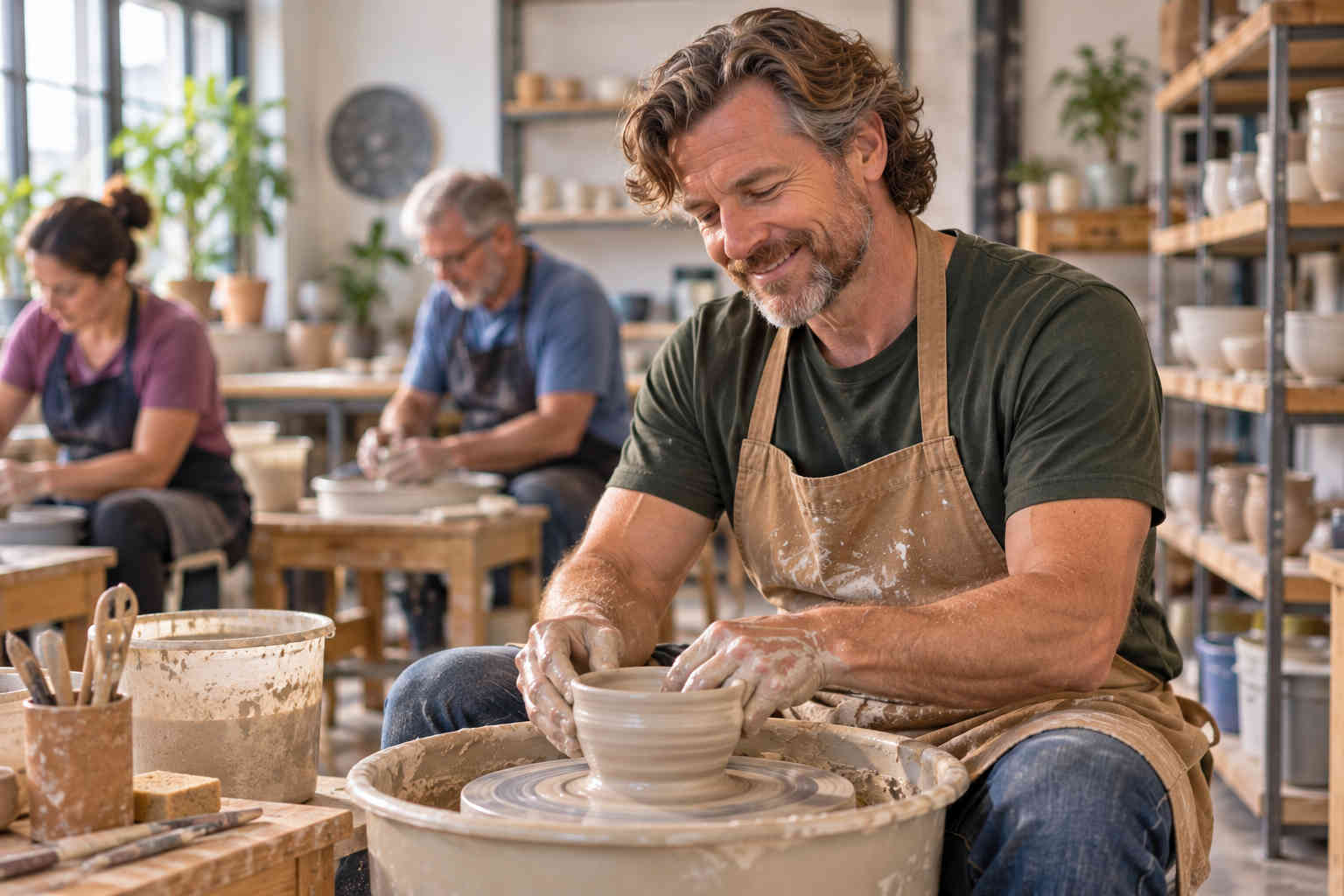 Man learning pottery in a beginner class after divorce