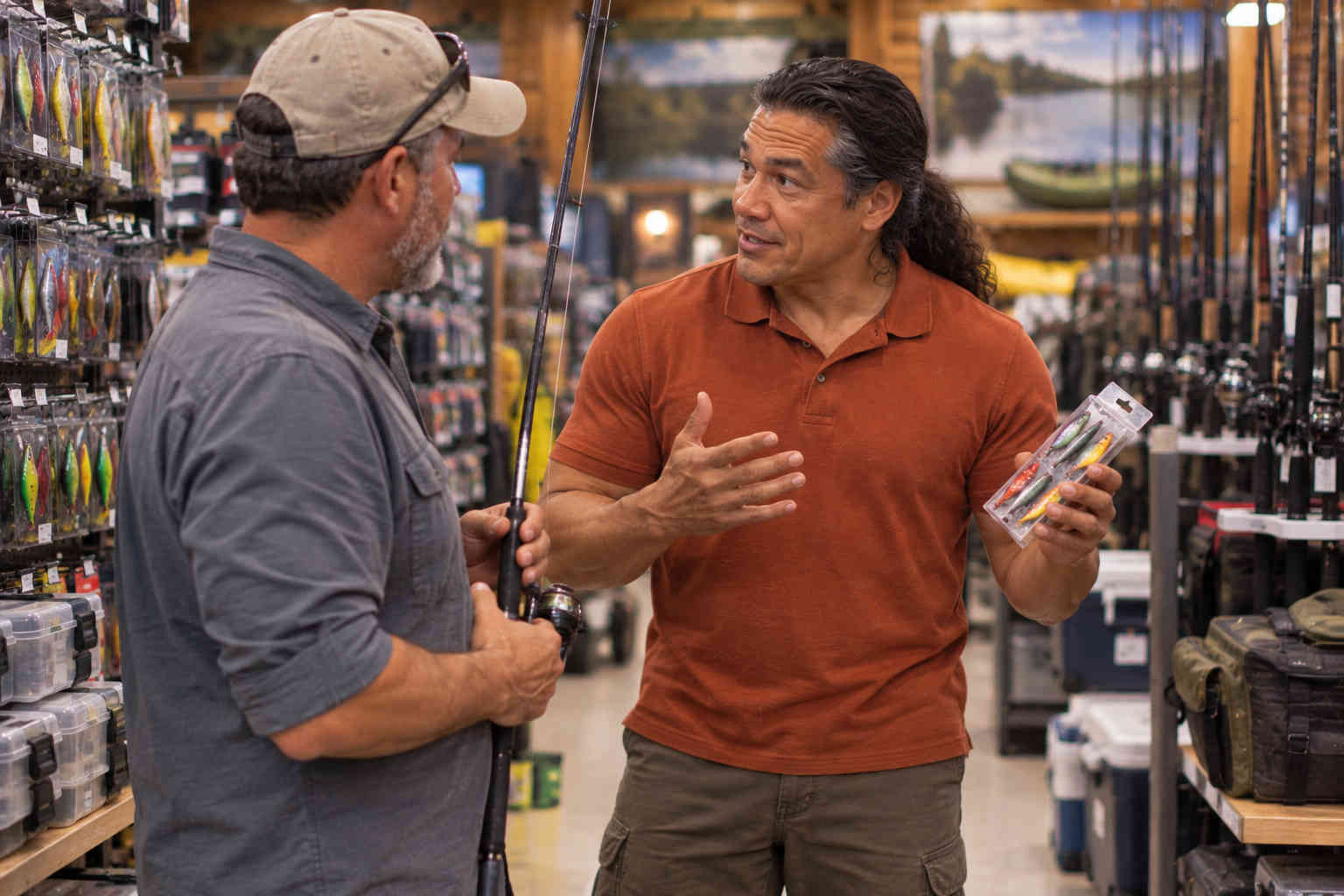 Man planning a fishing trip with a friend while choosing fishing gear