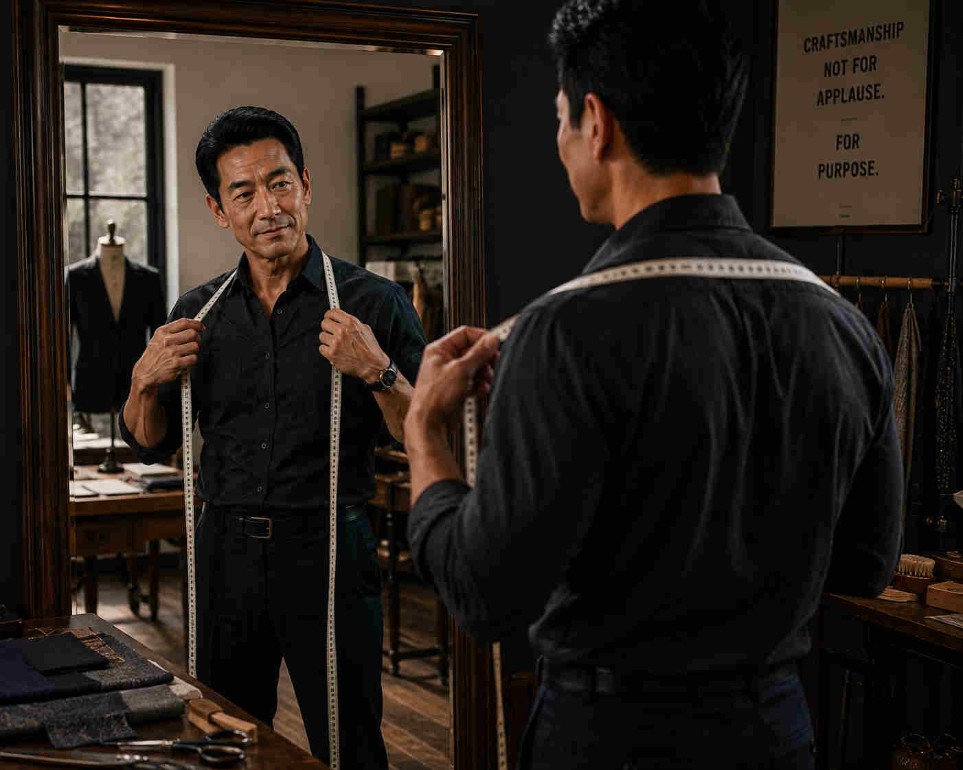 Asian tailor measuring his own shoulders while looking honestly at himself in a full-length mirror