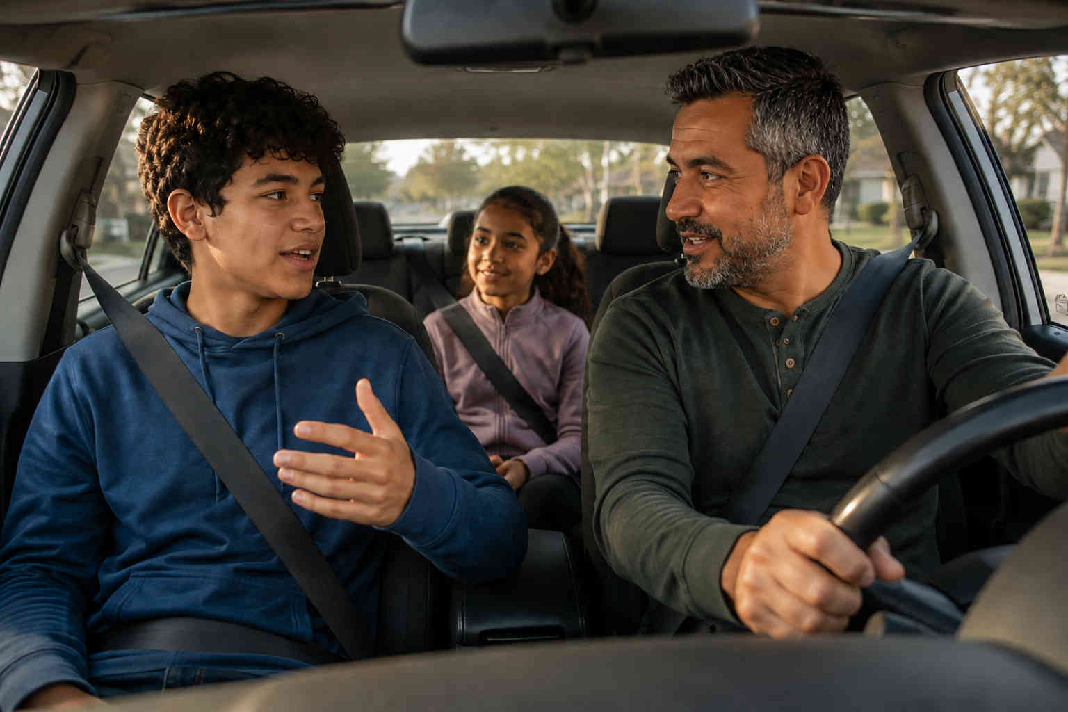 Father listening while his teenage son talks during a quiet drive as his daughter sits in the back seat