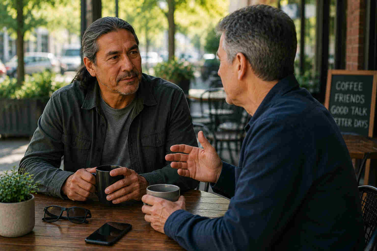 Two middle-aged men having coffee during a calm and supportive conversation after divorce