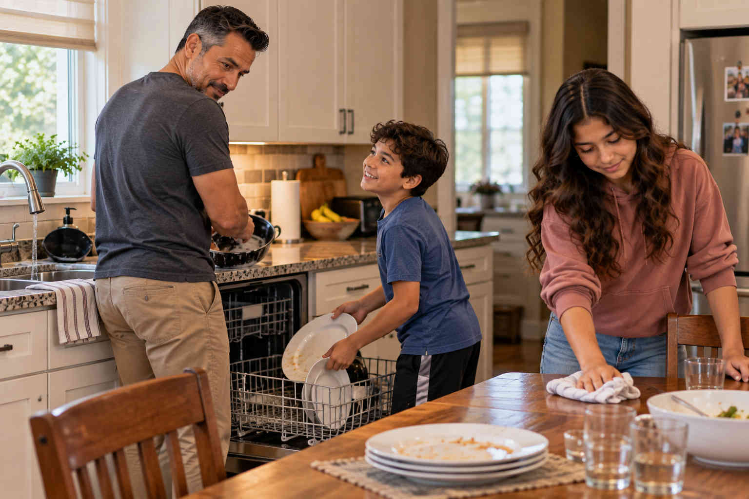 Father, son, and daughter cleaning the kitchen together after a meal
