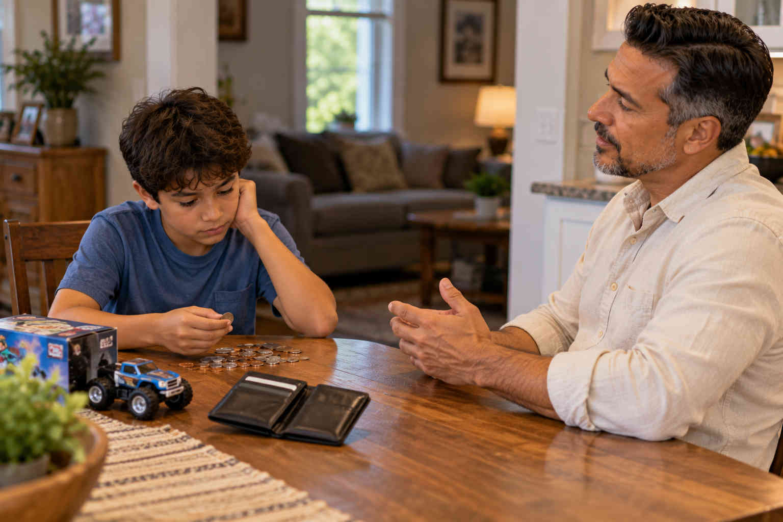 Father talking with his son at a table about spending money and the consequences of choices