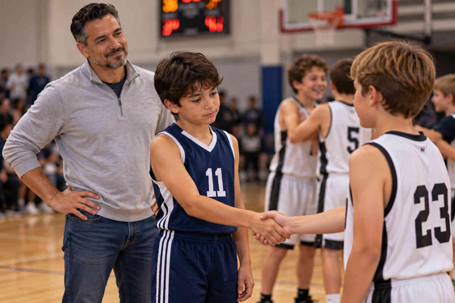 Boy shaking hands with another basketball player after a game while his father watches approvingly