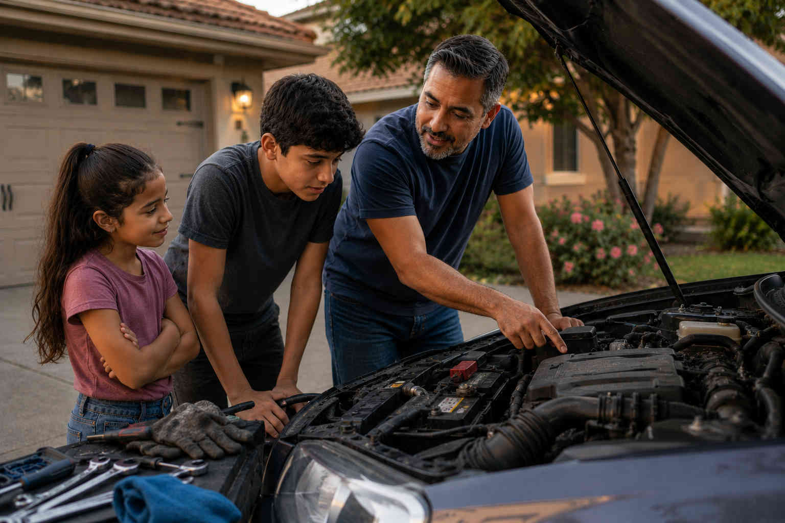 Father teaching his teenage son basic car repair while his younger daughter watches beside the open hood