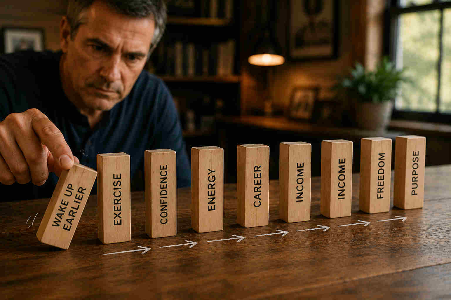 Man tipping a line of wooden dominoes labeled wake up earlier, exercise, confidence, energy, career, income, freedom, and purpose
