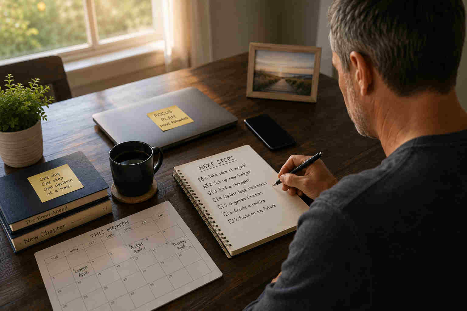 A divorced man planning his first 30 days after divorce with a practical recovery checklist