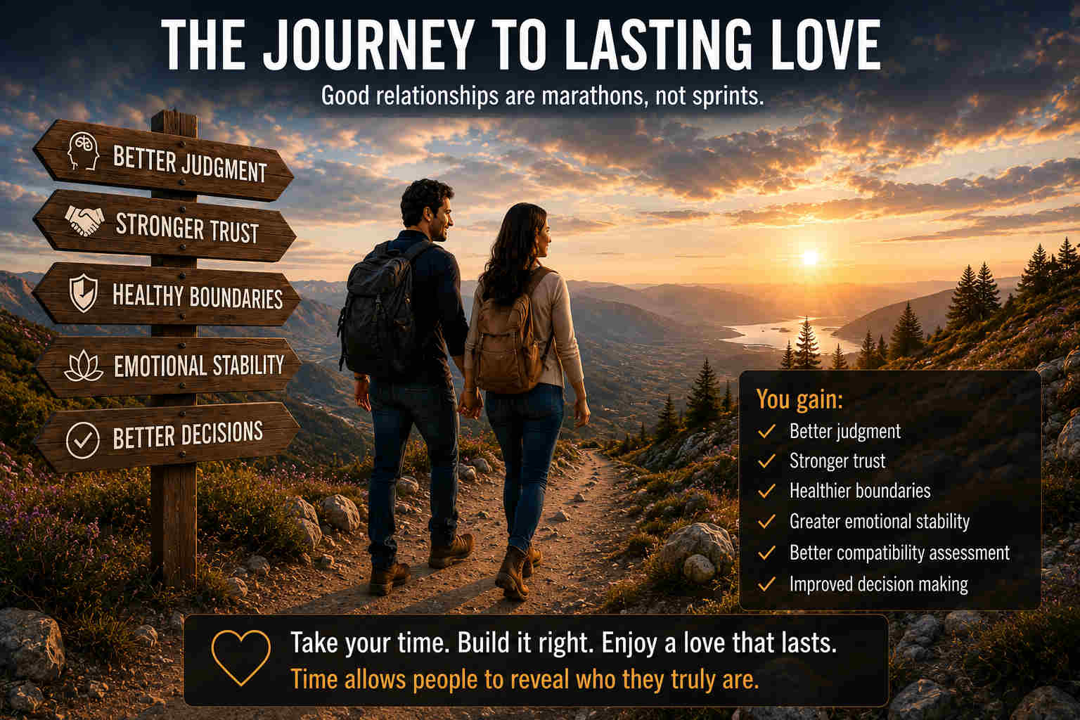 A couple hiking together toward a sunset, showing that lasting love is built through patience, trust, boundaries, and better decisions