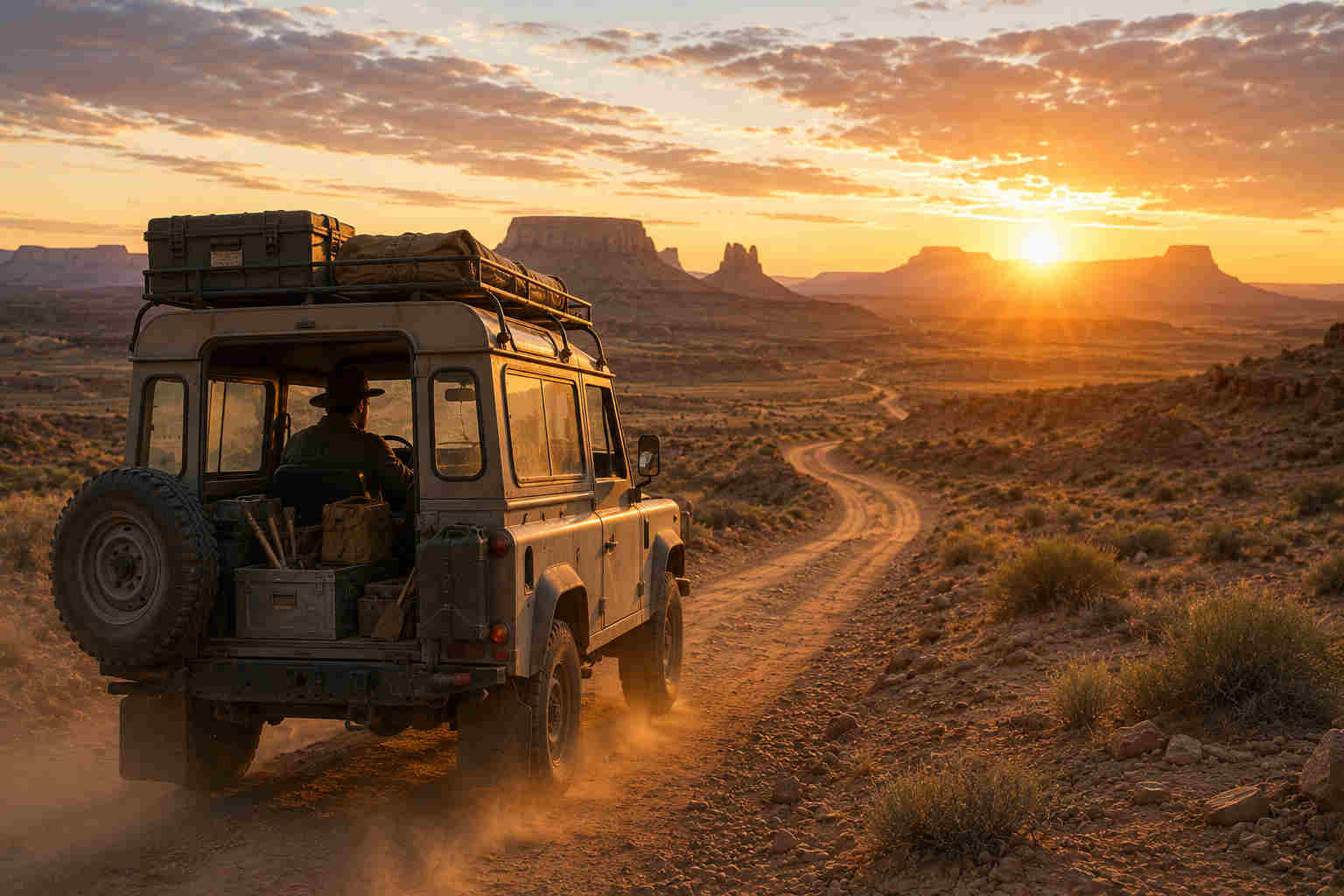 Paleontologist driving an older expedition vehicle toward distant desert mesas at sunrise