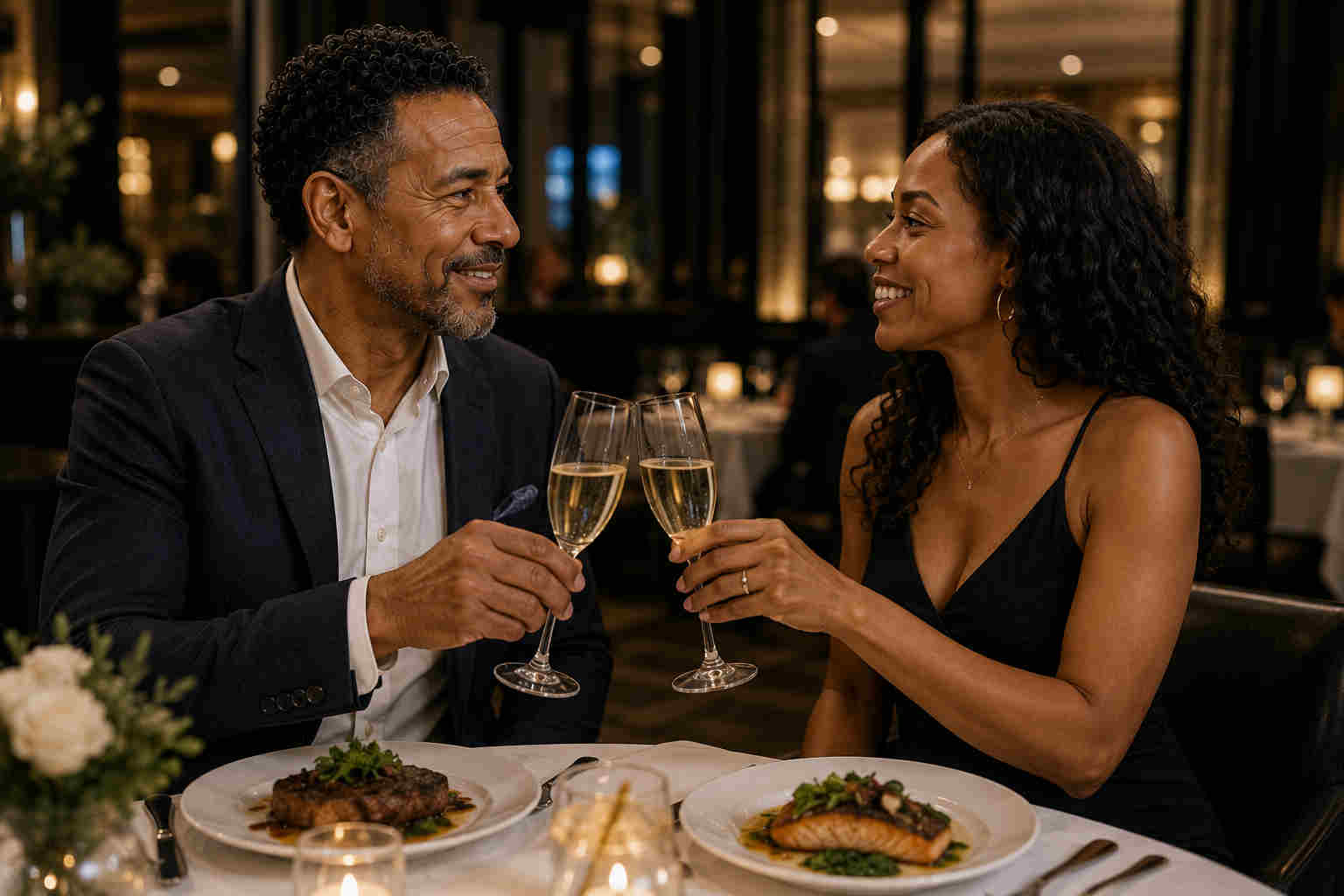 Divorced man enjoying an elegant restaurant date and clicking champagne glasses