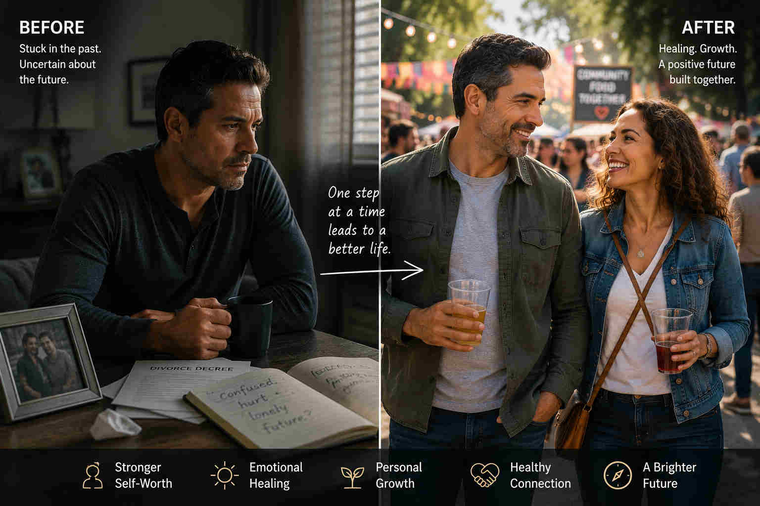 Before and after split scene showing a Latino man alone after divorce and later smiling with a Latina woman at an outdoor festival