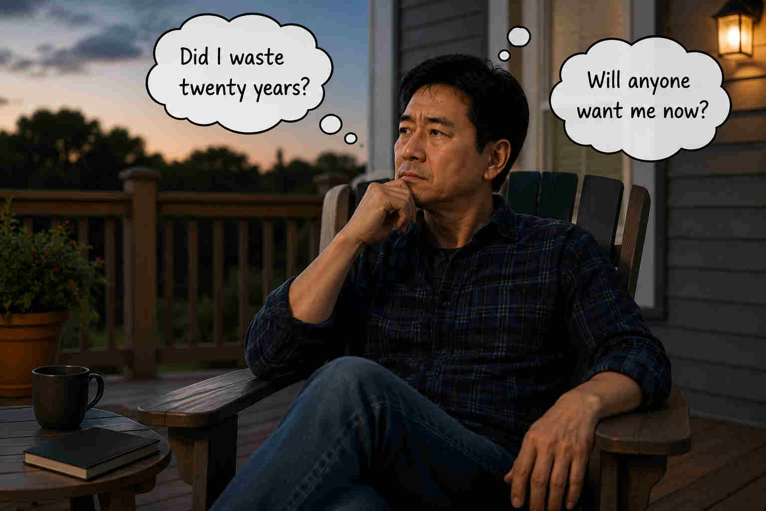 Asian man sitting thoughtfully on a deck with thought bubbles asking if he wasted twenty years and whether anyone will want him now
