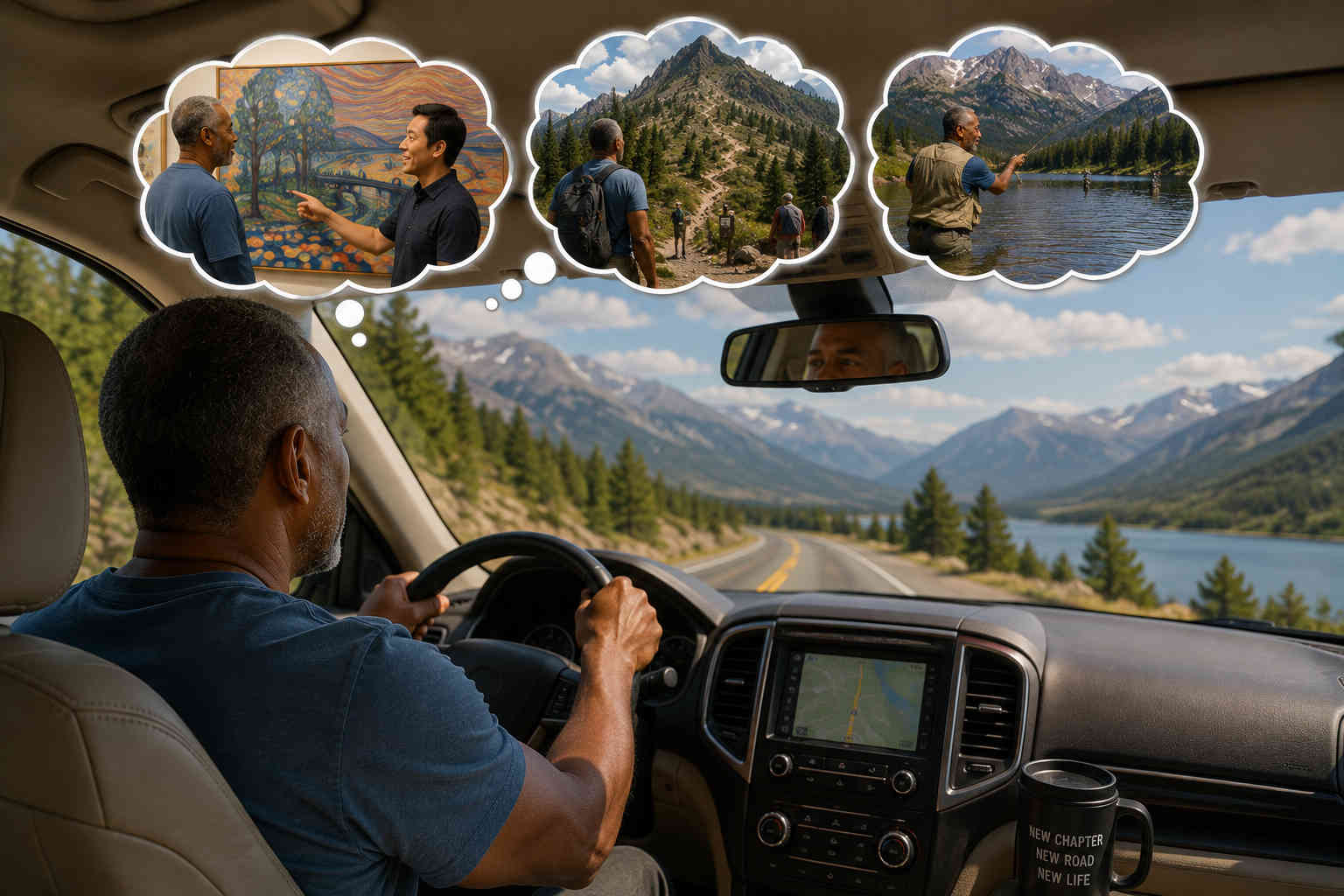 Divorced man driving his SUV home while remembering the painting, mountain trail, and fly fishing experiences from his trip