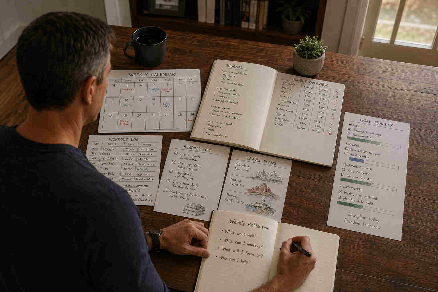Over-the-shoulder view of a man reviewing his calendar, journal, budget, workout log, reading list, travel plans, and goal tracker