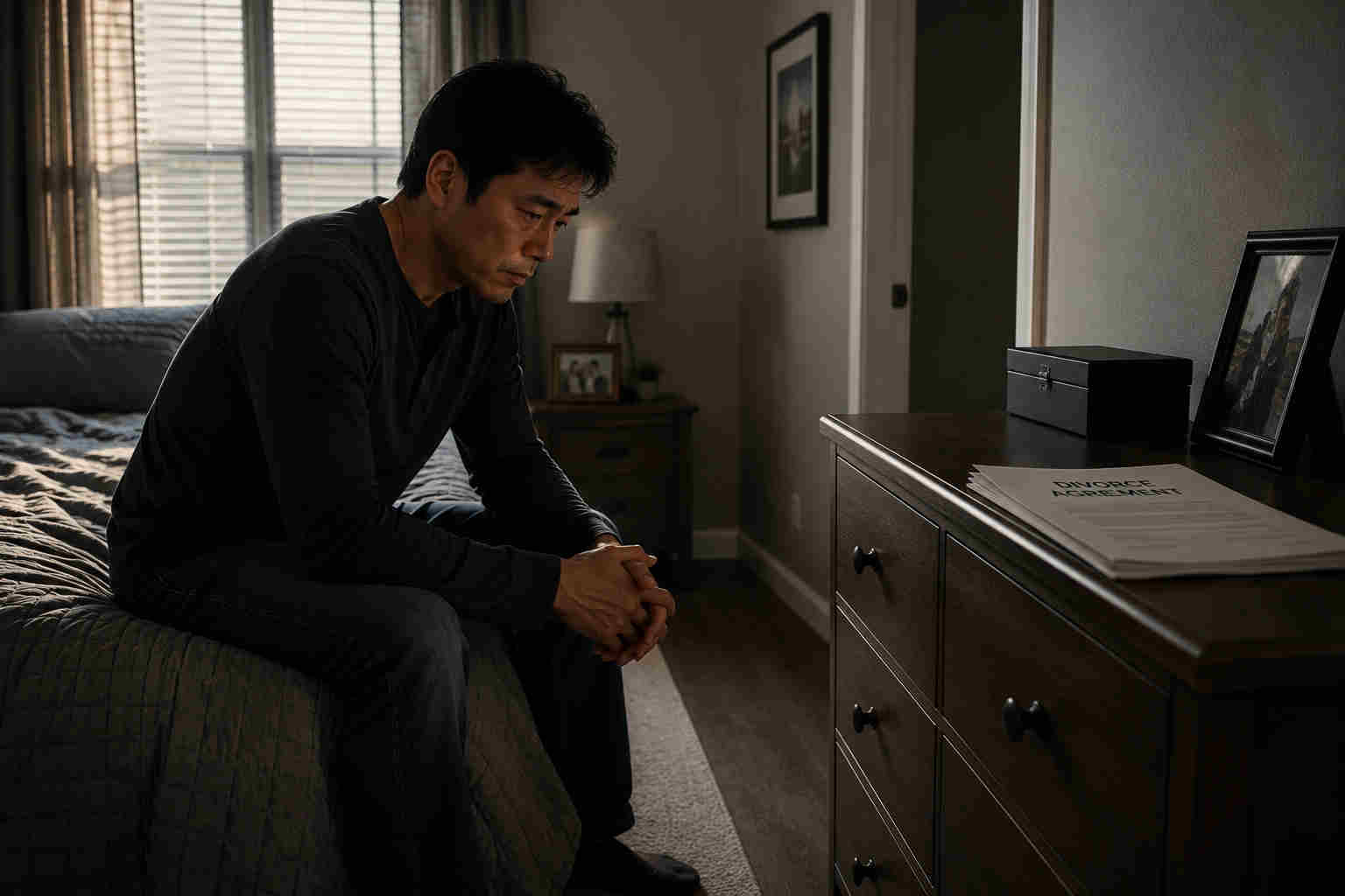 Asian man sitting alone on the edge of his bed with divorce papers on a nearby dresser