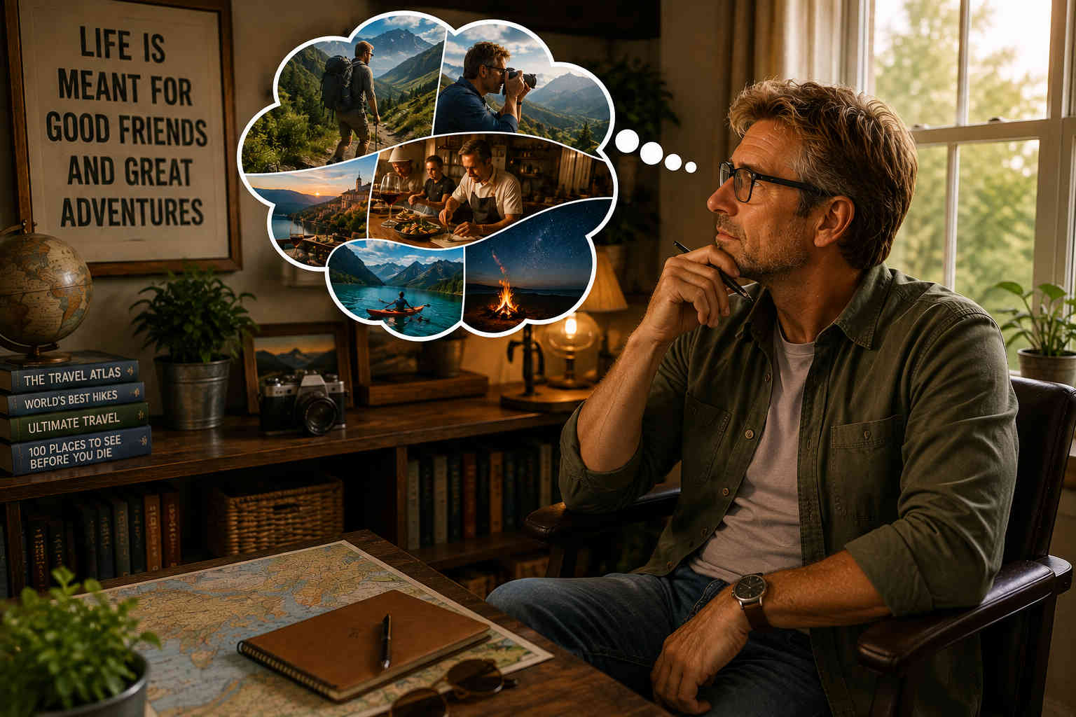 Man imagining hiking, photography, cooking, kayaking, camping, and other meaningful travel experiences